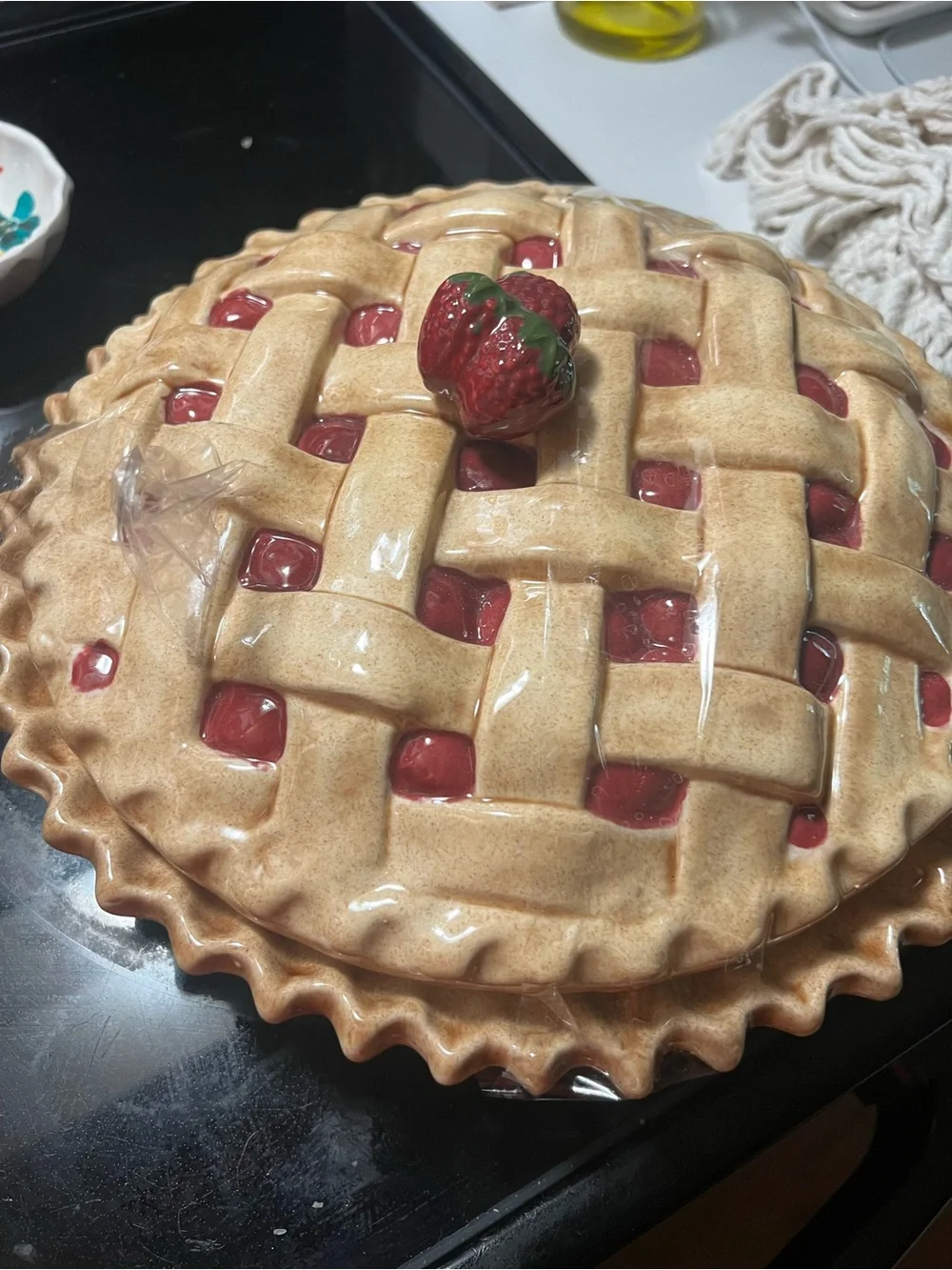 Vintage Ceramic Lattice Strawberry Pie Dish - Red and Tan